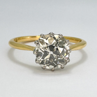 Antique Old Cut Solitaire Diamond Ring 2.42ct diamond weight. An absolutely stunning claw set Victorian old cut diamond with an 8mm spread, nestled in a pierced setting. The diamond is set in an 18ct yellow gold shank which has a makers mark R.S.H.  The ring sits low on the finger and very comfortable to wear. A bright and glowing diamond ring. 