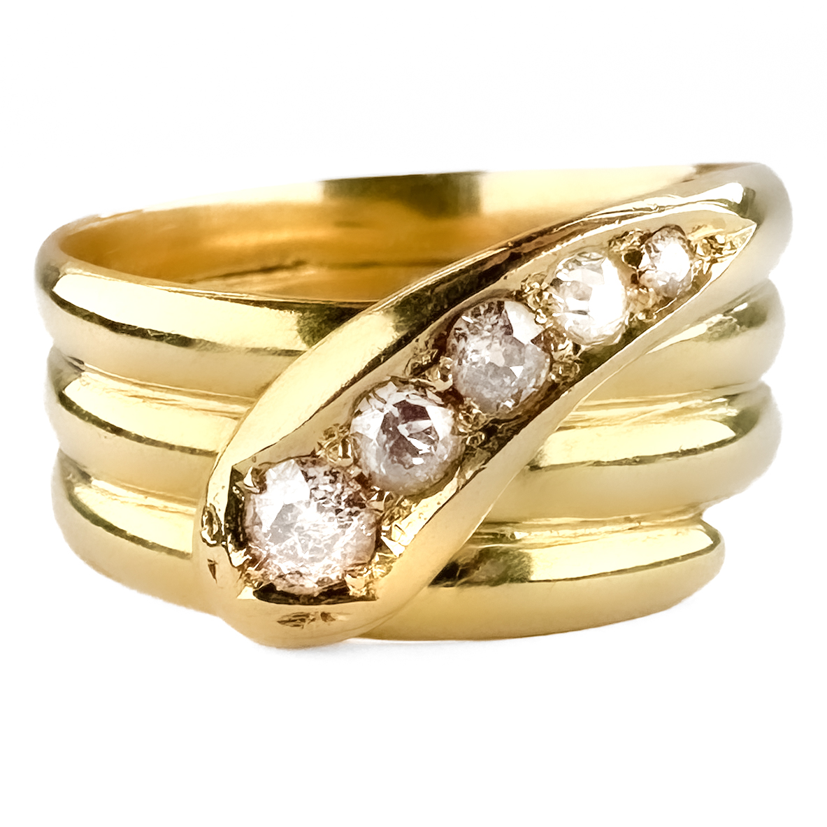 Edwardian 1912 5 Diamond Snake Ring view of front 18ct gold