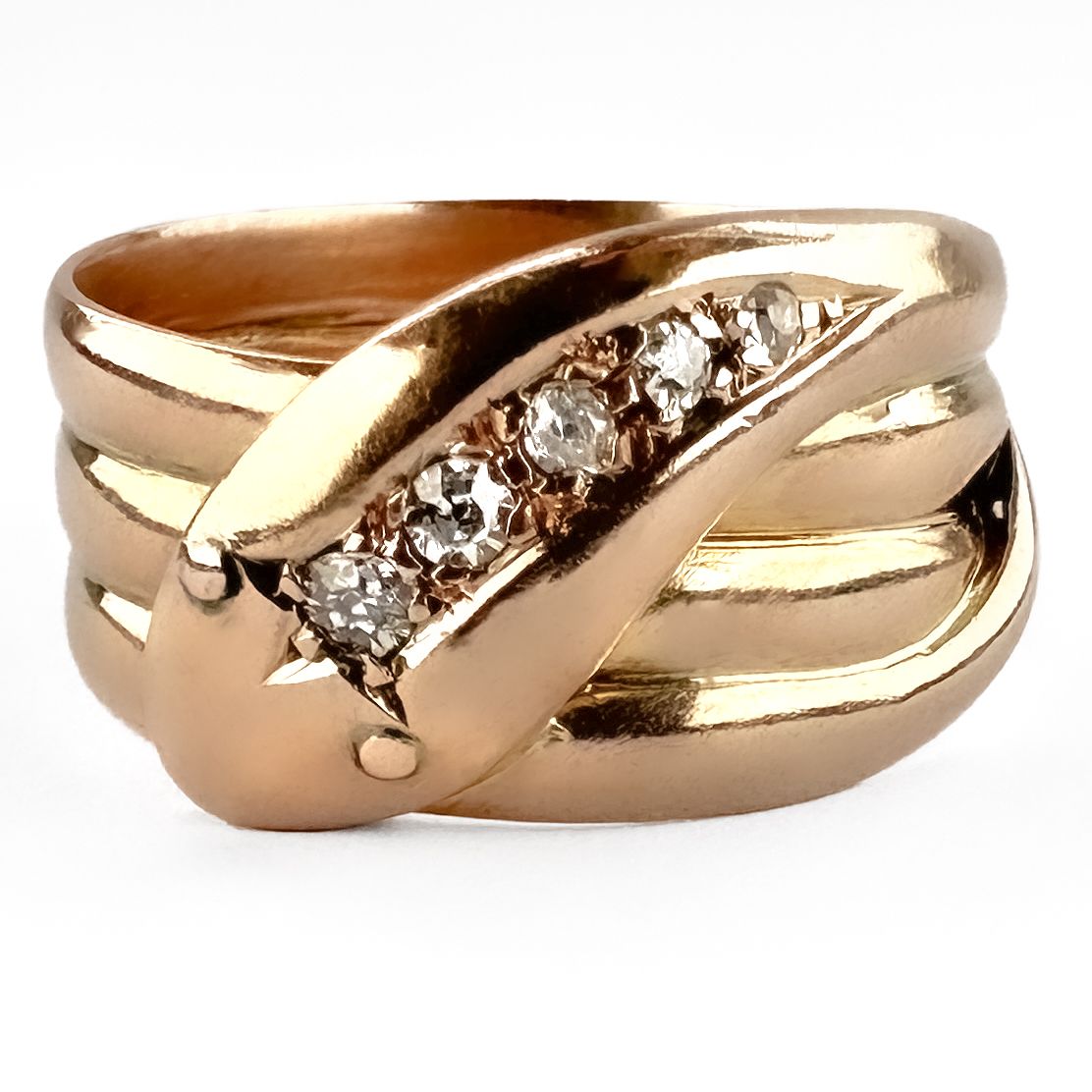 Edwardian 1913 Rose Gold 5 Diamond Snake Ring 9ct gold front view
