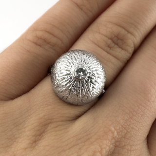 Kutchinsky 1972 Textured Diamond Set Bombe Ring on hand 18ct gold