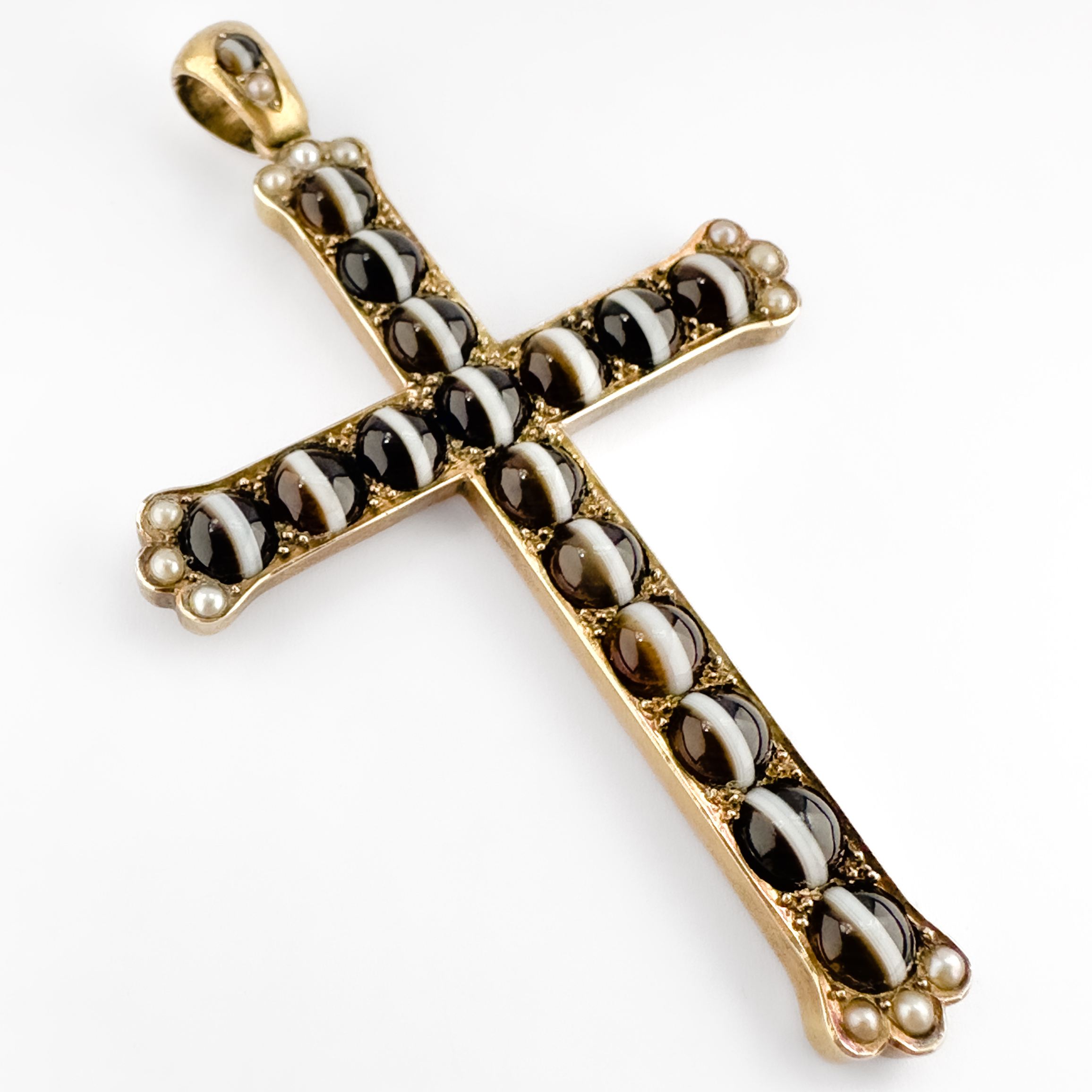 Victorian Banded Agate & Pearl Cross Pendant