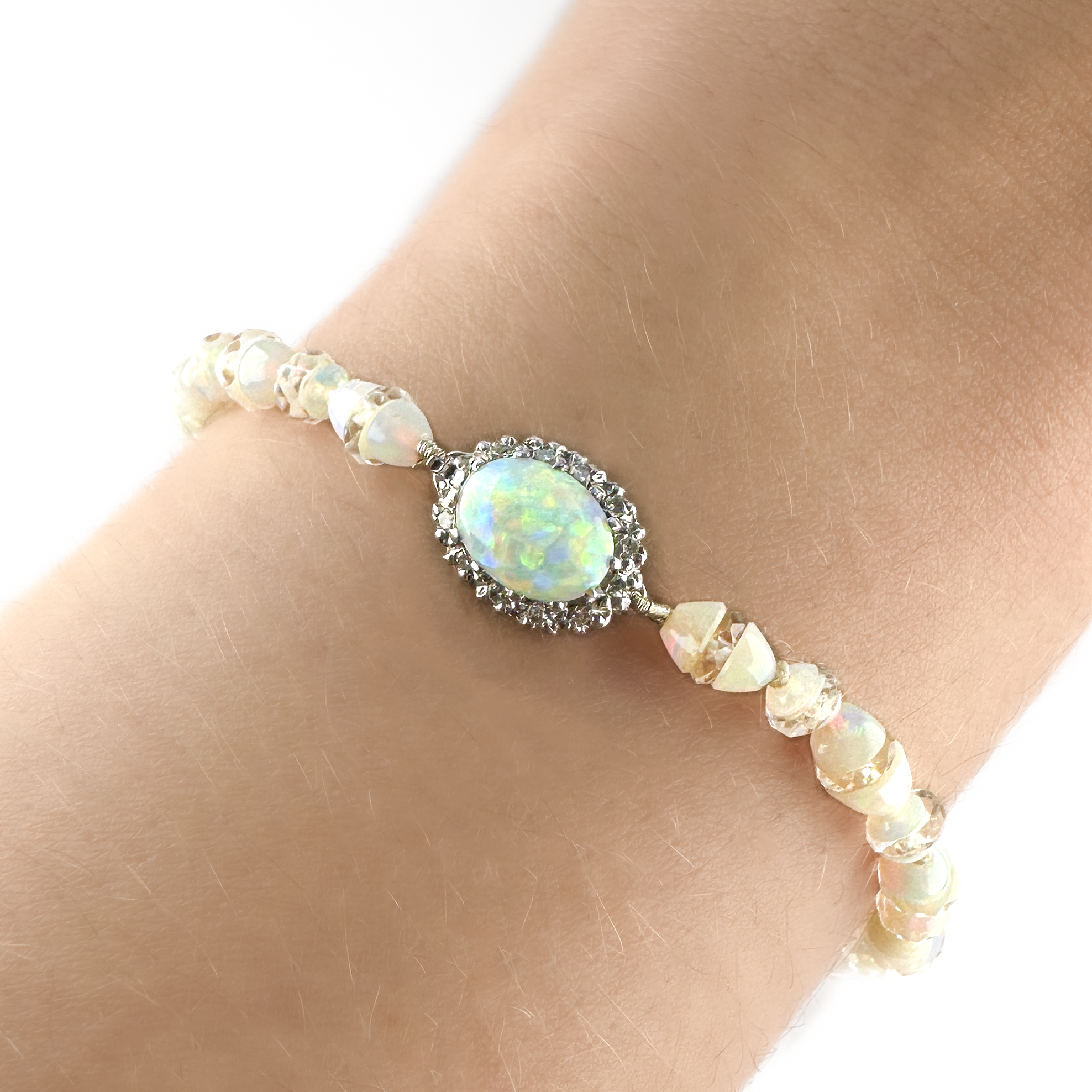 1920's Opal Bead Bracelet With Diamond Clasp on the wrist