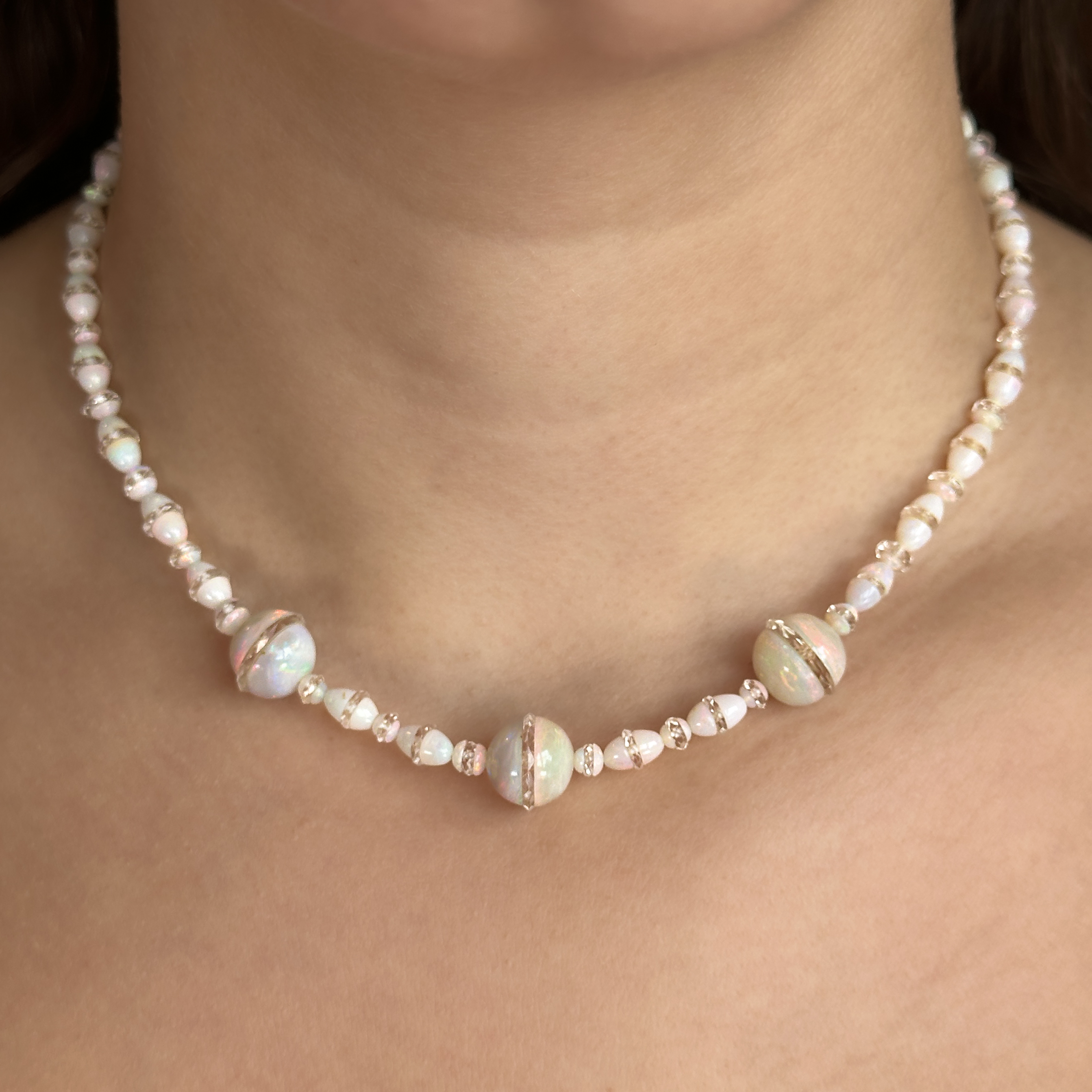 1920's Opal Bead Necklace With Diamond Clasp on neck
