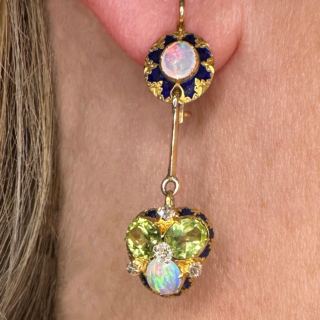 05-02-24-Antique-Edwardian-15ct-Yellow-Gold-Opal-Enamel-Diamond-Peridot-Drop-Earrings-Body-View2