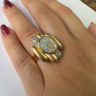 Opal & Diamond Geometric Ring