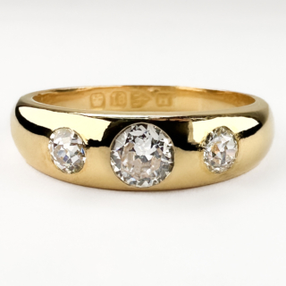 Beautiful Antique 3 Stone Diamond Gypsy Ring. Hallmarked to Chester 1891, this amazing gypsy has 3 bright victorian old cut diamonds set in an 18ct yellow gold shank. The diamonds total to 0.75ct, are G-H in colour and VS1 clarity. This ring can be resized. Please contact us if you would like to know more about this lovely ring or visit us at Saddingtons Jewellery, Mayfair.