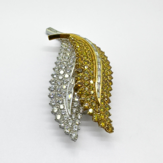 Statement Yellow & White Diamond Leaf Brooch. A stunning statement brooch in vibrant and sparkling yellow and white diamonds