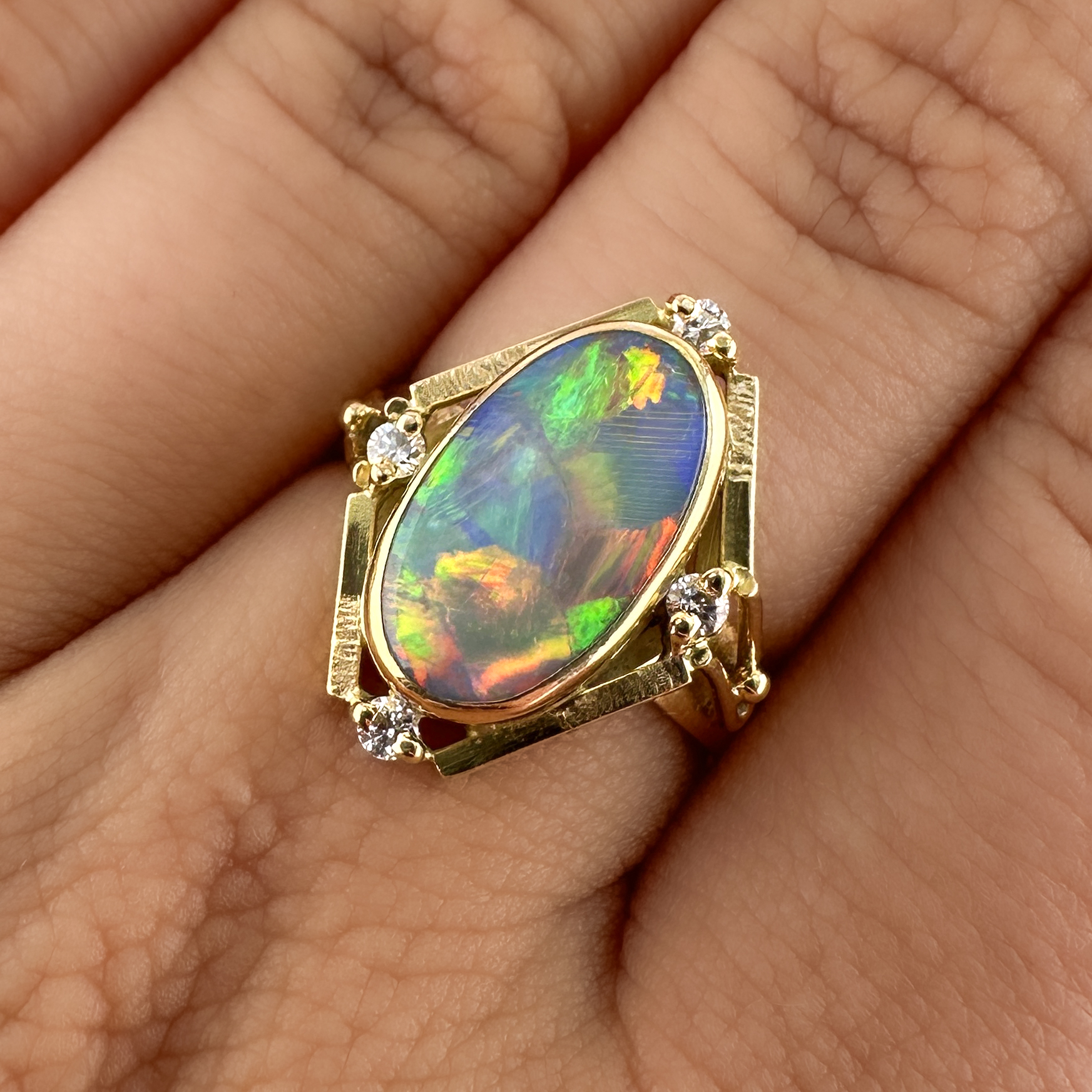 Vintage Geometric Black Opal Diamond Ring on the hand