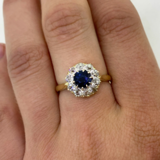 18ct Yellow Gold Circular Sapphire and Diamond Halo Cluster