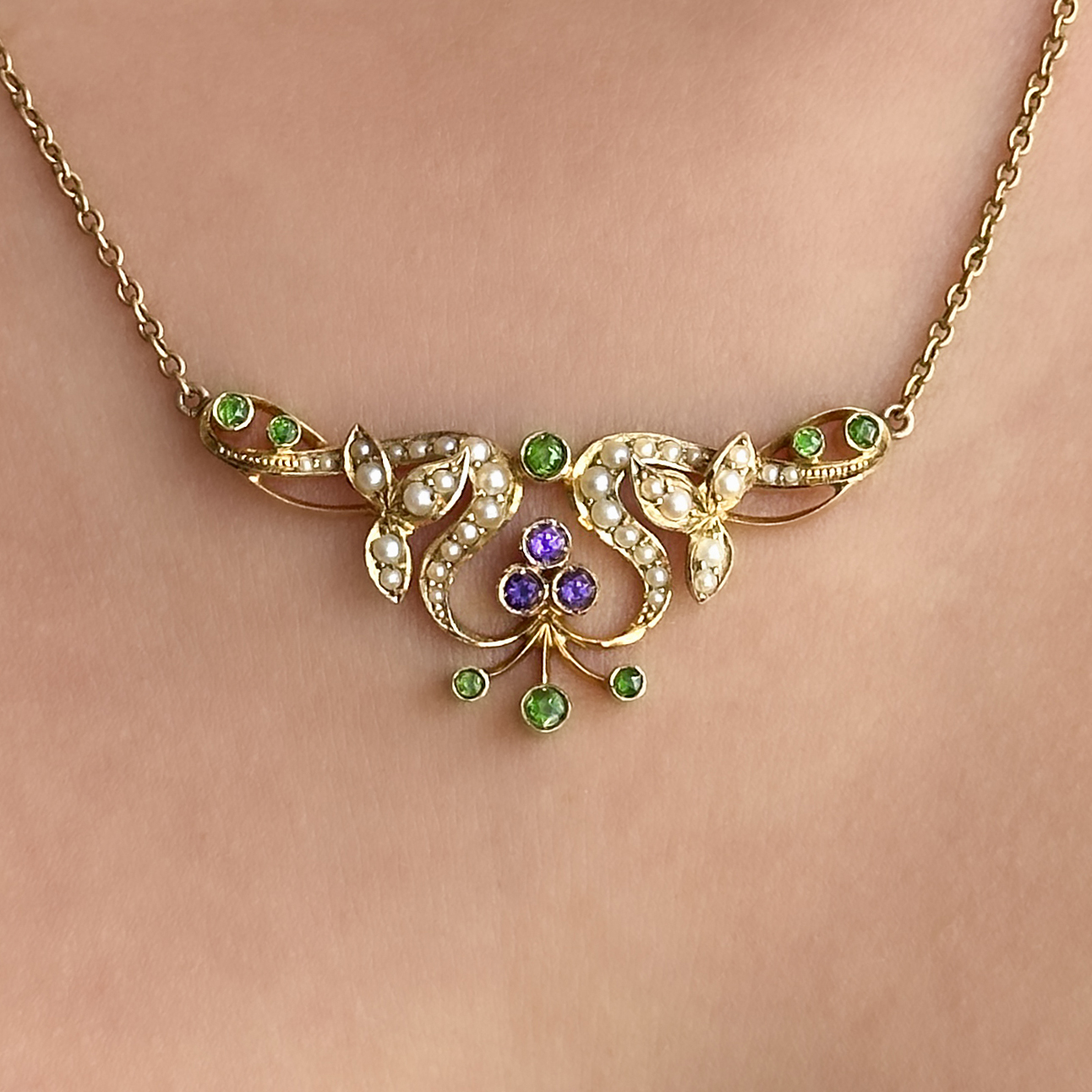 Edwardian Gold Demantoid Amethyst & Pearl Necklace 15ct gold on neck