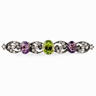 Edwardian Suffragette Style Amethyst Peridot Diamond Brooch front view