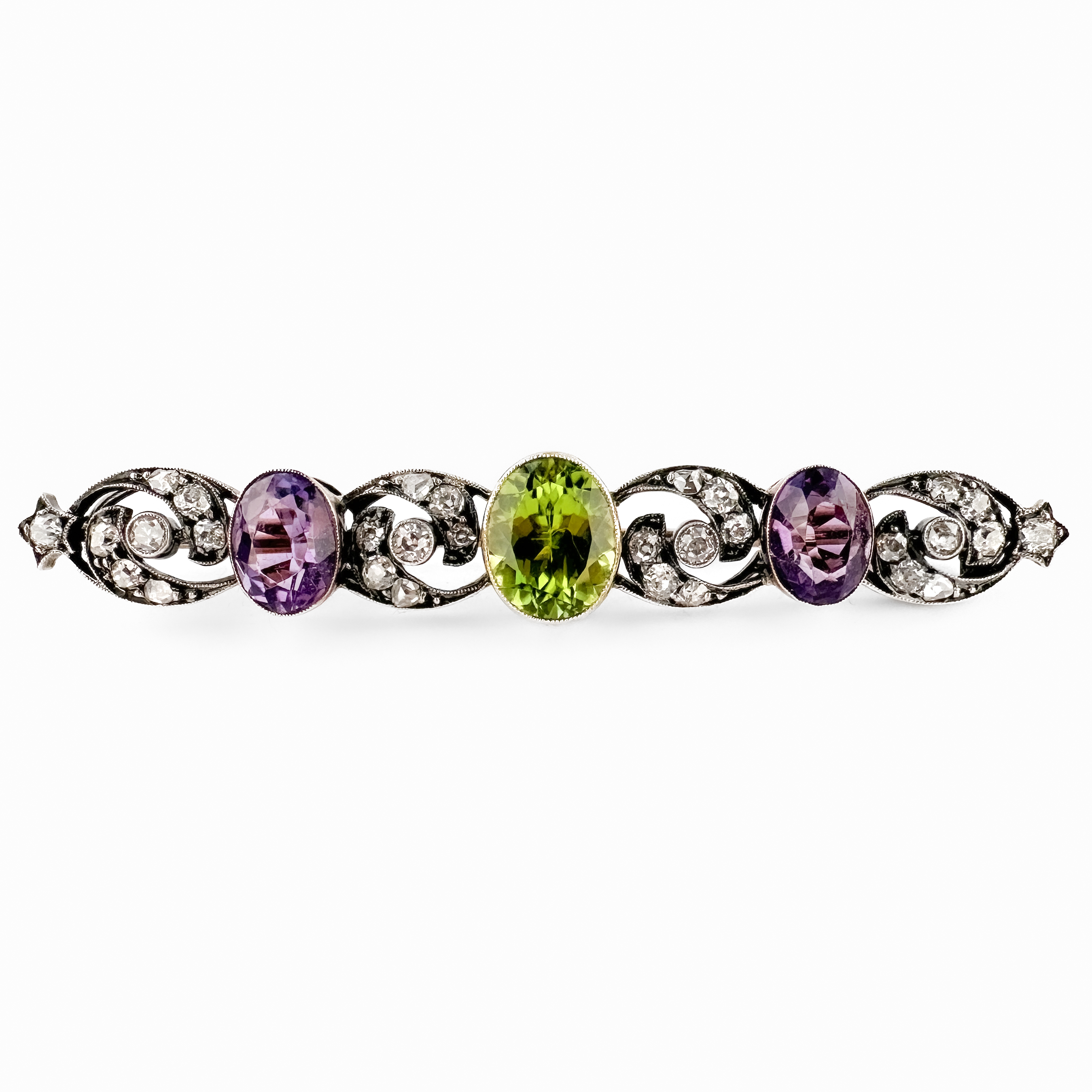 Edwardian Suffragette Style Amethyst Peridot Diamond Brooch front view