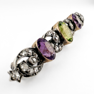 Edwardian Suffragette Style Amethyst Peridot Diamond Brooch side view