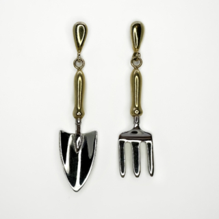 Quirky Fork & Trowel Gold Earrings. A fantastic pair of quirky gold drop earrings ideal for the fanatical gardener.  Hallmarked 9ct yellow and white gold. Beautifully stylised garden trowel and fork, with a total drop from the earring bale to 4.5cm each. The fixing is a post and butterfly for a pierced ear, the hallmark is situated on each earring post. The 'handles' are in yellow gold with white gold 'fork and trowel'.  The earrings are so unique and would make a fantastic gift for any gardener.