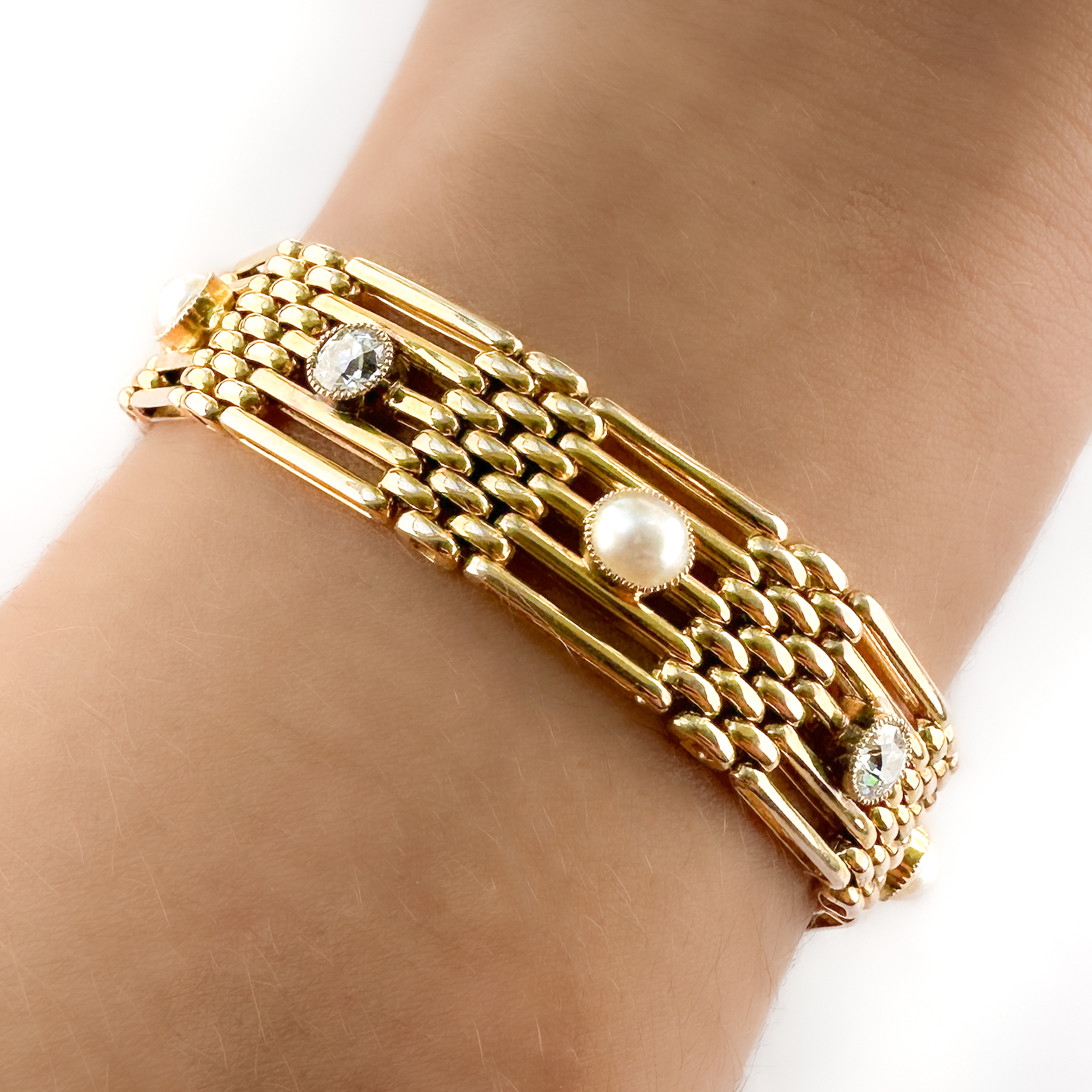 Edwardian Gold Pearl & Diamond Bracelet 15ct gold on wrist