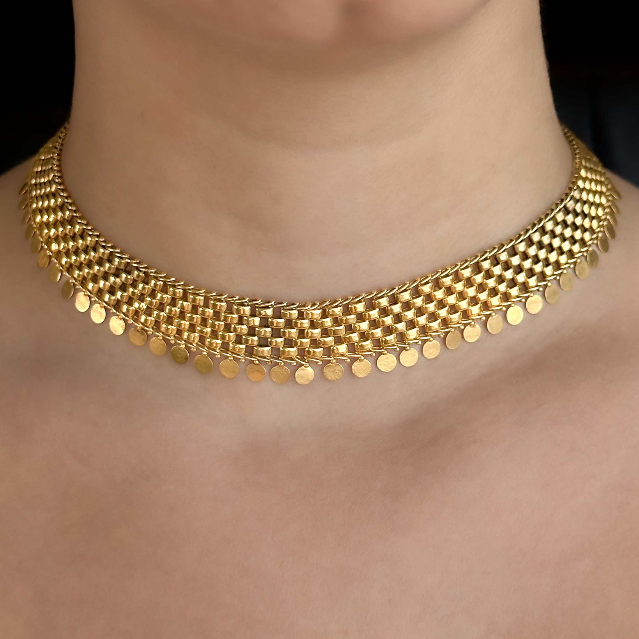 Late Victorian Gold Collar 15ct gold necklace on neck