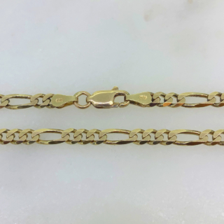 Beautifully classic 4 mm Figaro 18" Chain in 9ct Yellow Gold, Hallmarked London. The chain has a width of 4 mm, a length of 18" and is joined by a lobster claw clasp. Lying elegantly flush to the skin, typical of a Figaro chain.