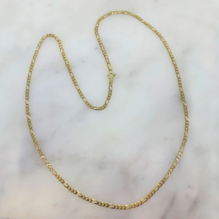 Beautifully classic 3mm Figaro 24" Chain in 9ct Yellow Gold, Hallmarked Italy, import mark Birmingham, 1985. The chain has a width of 3 mm, a length of 24" and is joined by a spring ring clasp. Lying elegantly flush to the skin, typical of a Figaro chain.