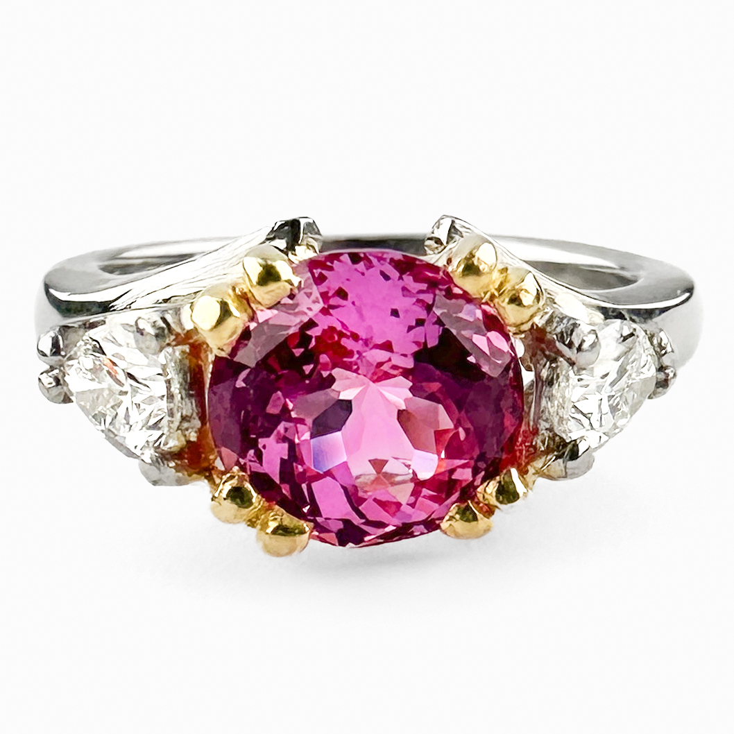 Vintage Pink Sapphire & Diamond 3 Stone Ring platinum and 18ct gold front view