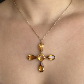 Victorian Citrine Cross Pendant on neck
