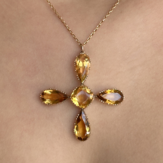 Victorian Citrine Cross Pendant on neck