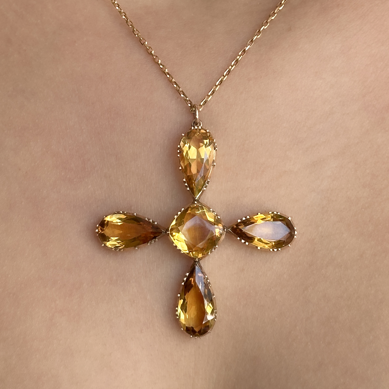 Victorian Citrine Cross Pendant on neck