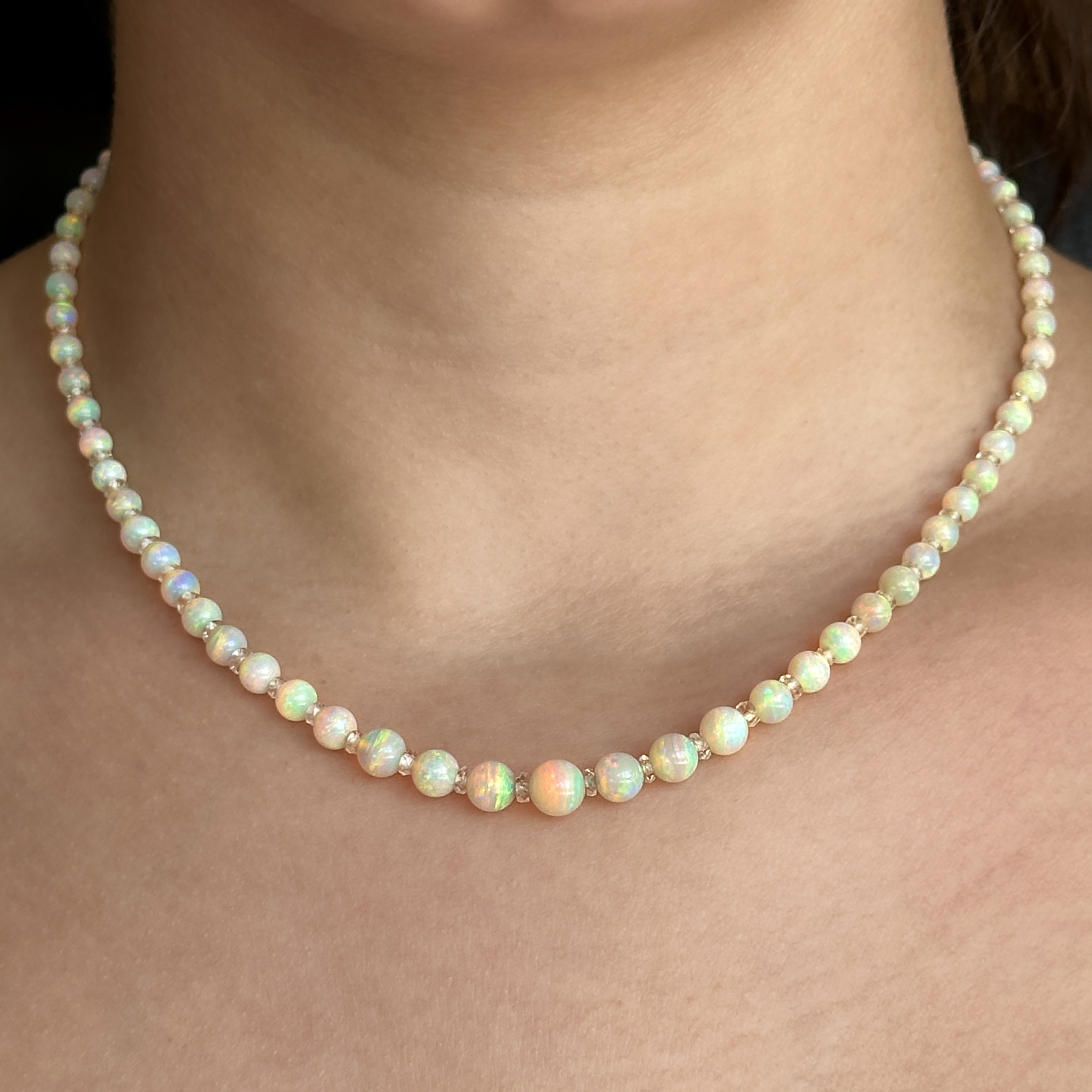 Edwardian Graduated Opal Bead Necklace on neck