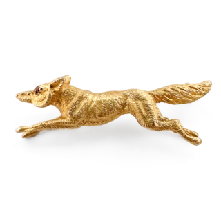 Vintage 1991 Running Fox Brooch With Ruby Eyes 9ct gold brooch front view