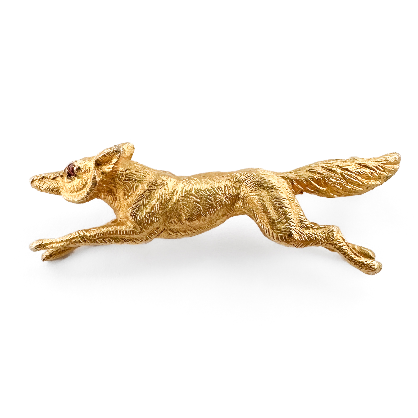 Vintage 1991 Running Fox Brooch With Ruby Eyes 9ct gold brooch front view