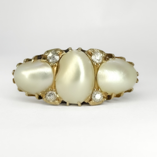 Beautiful Victorian Antique 3 Natural Pearl & Diamond Ring. Hallmarked Birmingham 1864 this stunning natural pearl ring has 4 diamond set points giving the lustrous pearls that extra sparkle. The pearls and diamonds are all claw set. The hallmark is inside the ring shank, the ring is currently size S in UK sizing and can be resized. Please contact us if you would like to know more about this stunning ring or visit us at Saddingtons Jewellery, Mayfair.