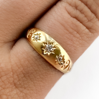 Victorian 3 Stone Diamond Gypsy Ring With Scroll Detailing 18ct gold on the finger