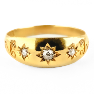 Victorian 3 Stone Diamond Gypsy Ring With Scroll Detailing 18ct gold view of front