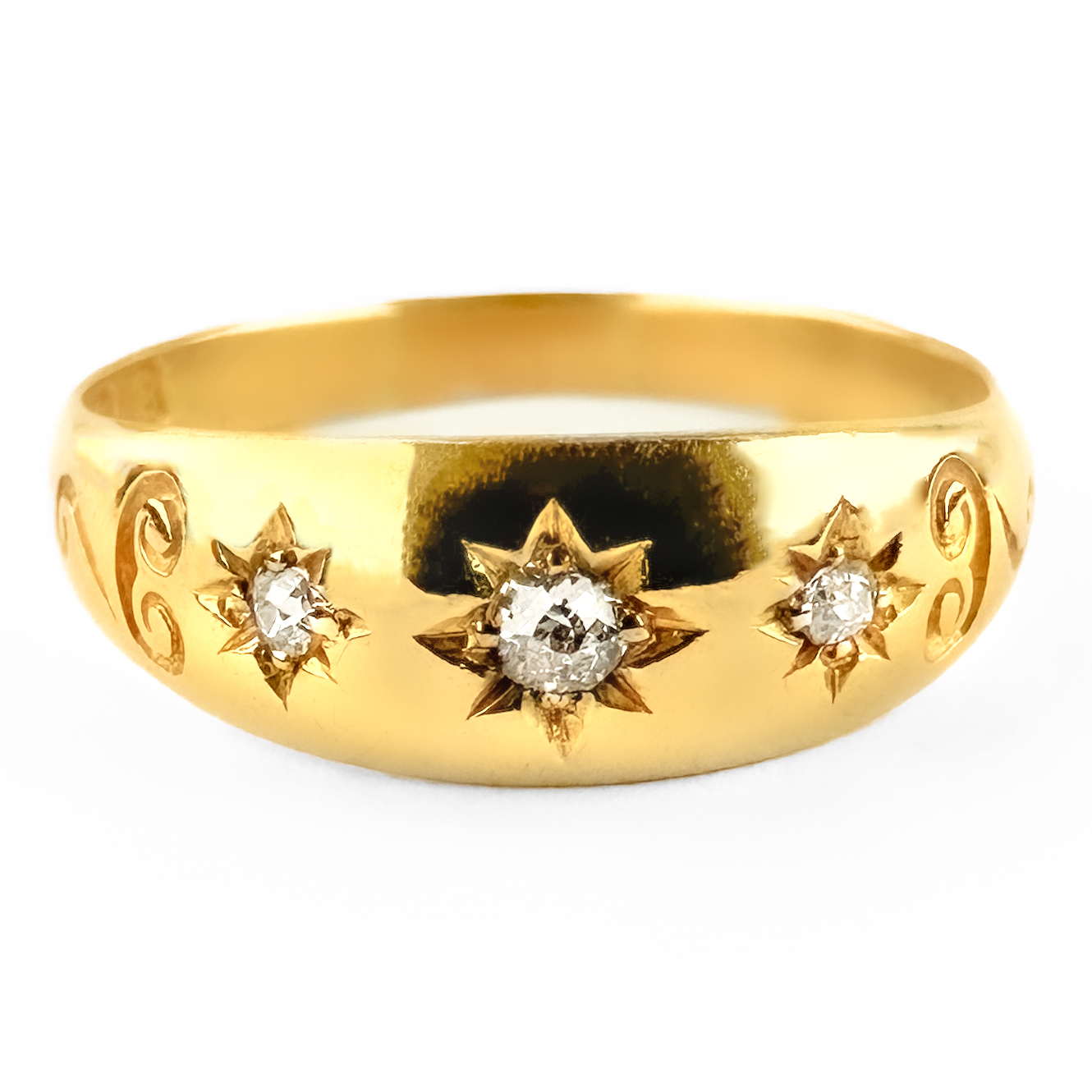 Victorian 3 Stone Diamond Gypsy Ring With Scroll Detailing 18ct gold view of front