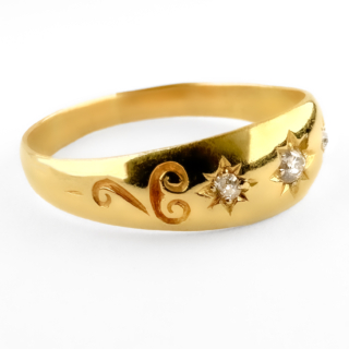 Victorian 3 Stone Diamond Gypsy Ring With Scroll Detailing 18ct gold view from side
