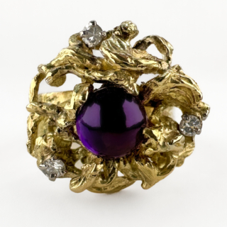Vintage-Brutalist-Gold-Amethyst-Diamond-Sculptural-Ring-Front-View1