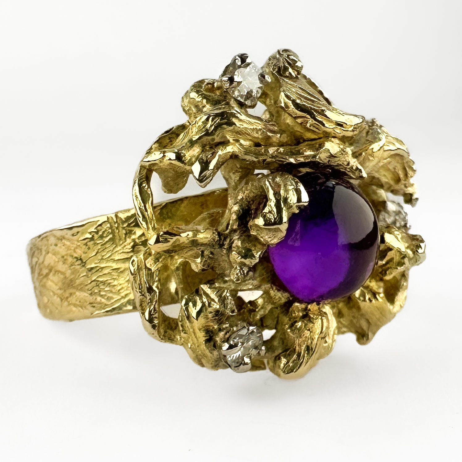 Vintage Brutalist Gold Amethyst & Diamond Sculptural Ring