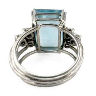 Vintage Emerald-Cut Aquamarine and Diamond Ring 18ct white gold back view
