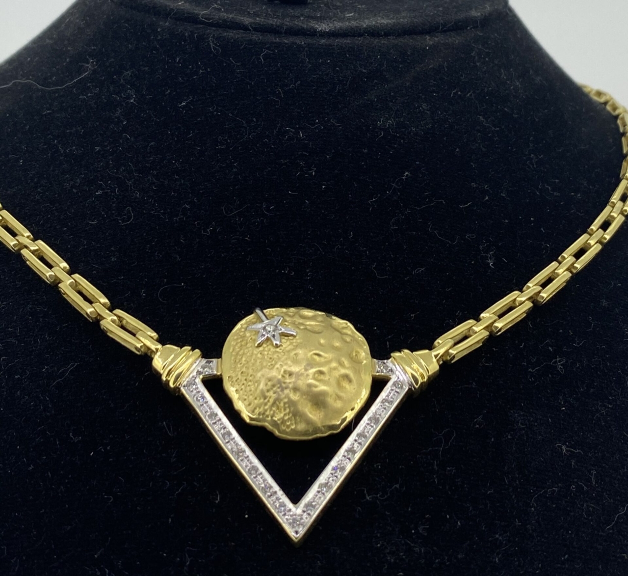 Designer 18 Carat Gold and Diamond Necklace. Stars and Moon