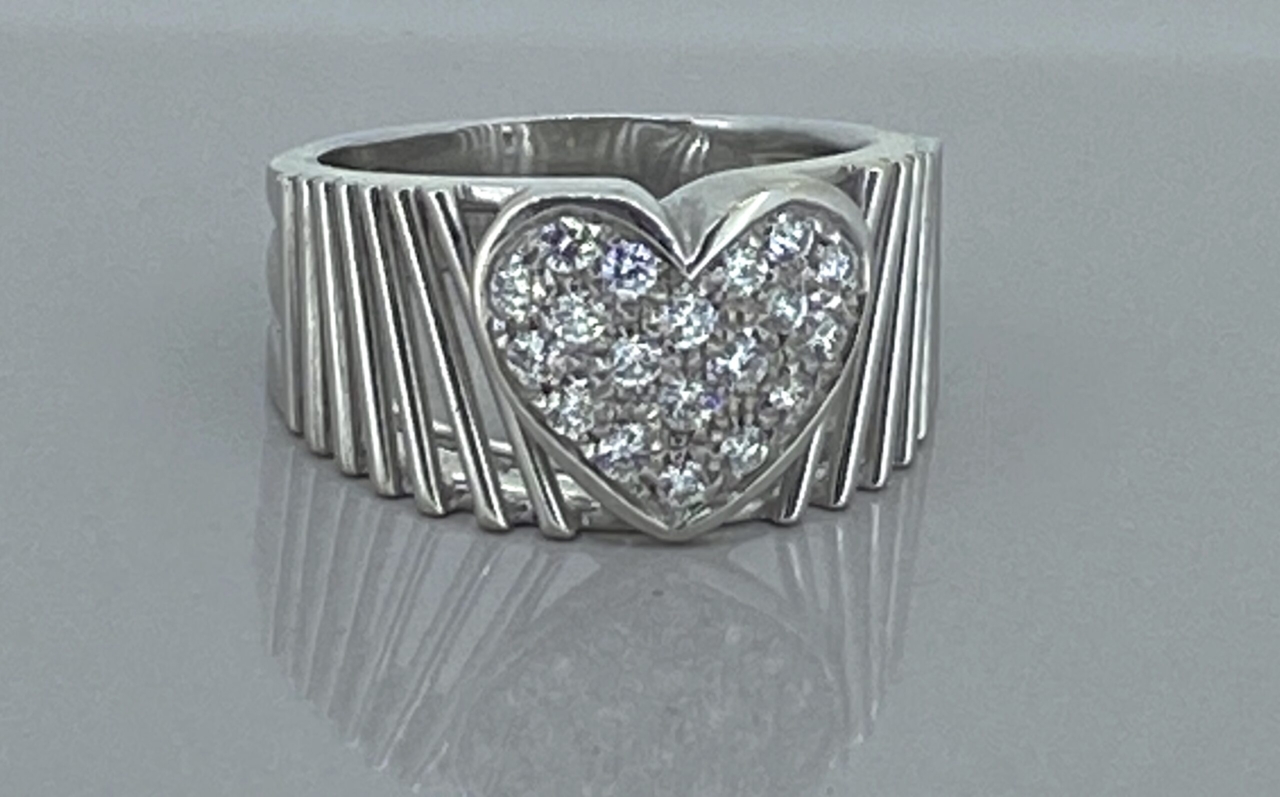 Vintage diamond set heart set wide band ring in 18 carat white gold