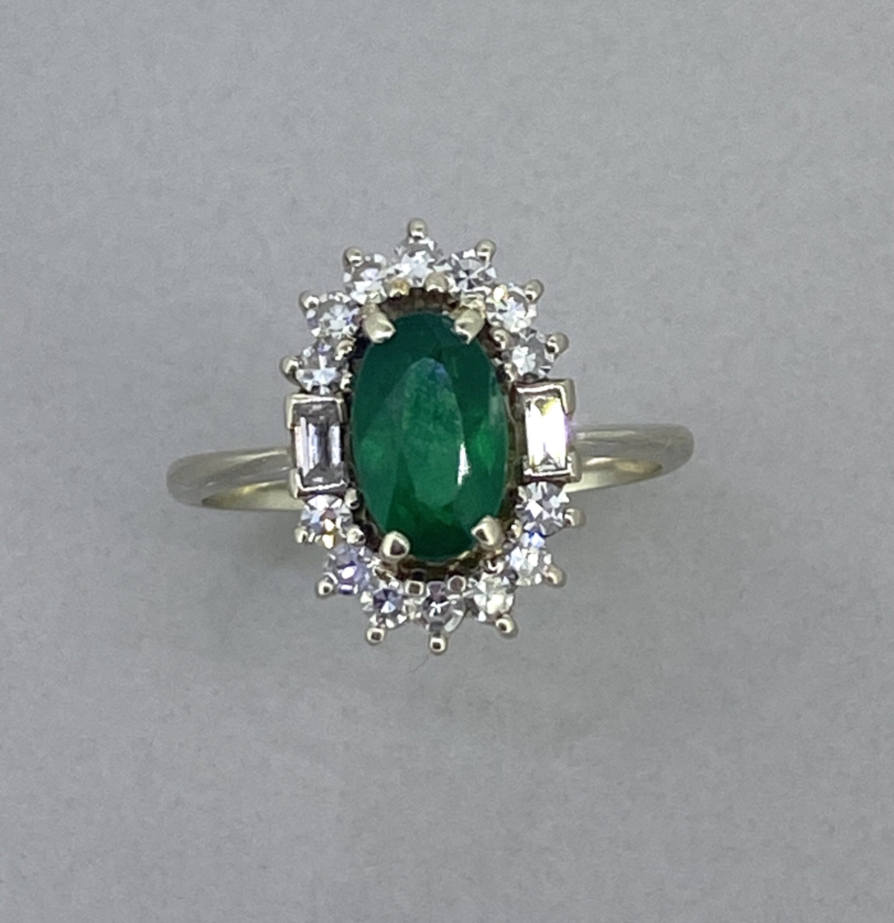 Emerald and Diamond Cluster Ring, Set in 18 Carat Gold, Vintage Circa 1960, Ring Size K1/2