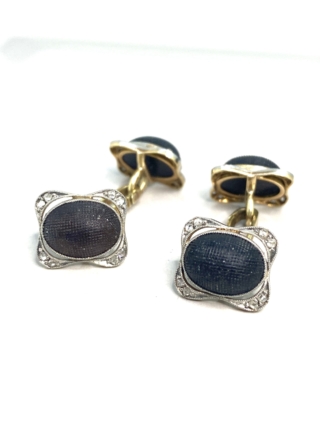 Black Onyx Art Deco Gentlemans Cuff Links with carved black onyx, platinum and gold mount with rose diamonds