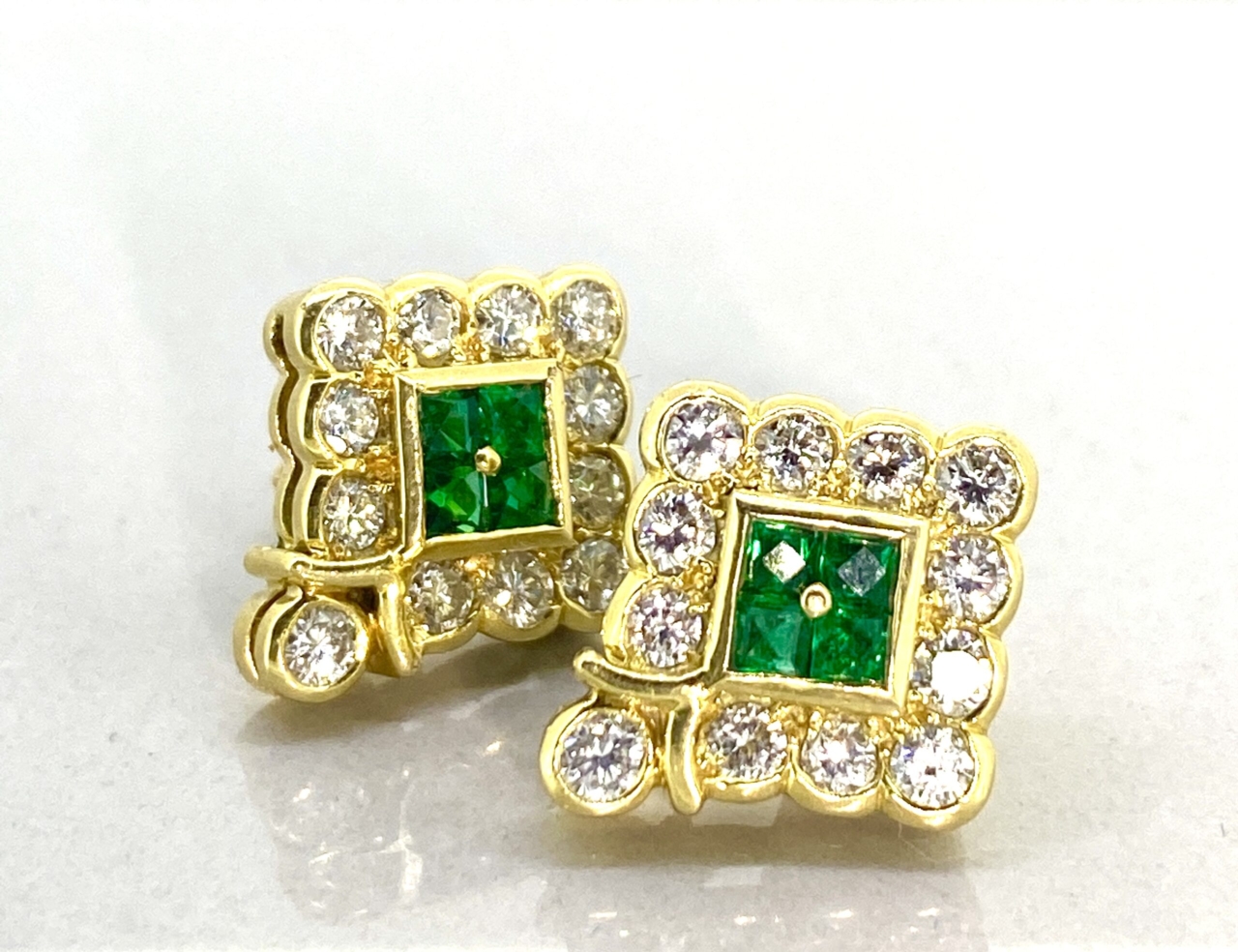 Emerald and diamond geometric 'diamond' shape cluster earrings Rub over setting 18ct