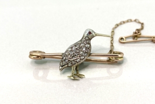 ntique Victorian Snipe Diamond Bird Pin or Brooch in 15 carat gold, Ruby Eyes