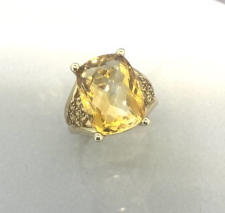 Golden Citrine Cocktail Ring, large faceted citrine sparking with rich golden tones with 8 small citrine's  on the shoulders, set in gold mount, super fancy statement ring 