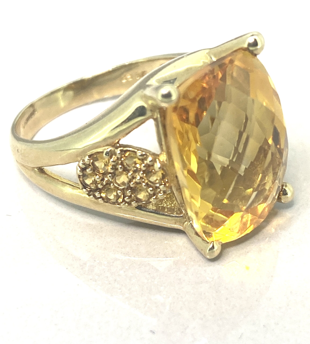 Golden Citrine Cocktail Ring, large faceted citrine sparking with rich golden tones with 8 small citrine's  on the shoulders, set in gold mount, super fancy statement ring 
