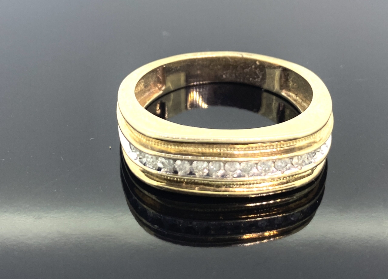 Mens Diamond Band Ring, 9 ct gold band with a half hoop line of small diamonds. Angled shank, Ring size V and can be resized free