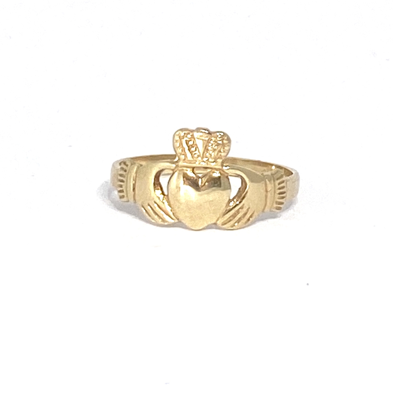 Claddagh Ring in 9ct, beautiful buttery gold traditional Irish ring with made in ireland on the inside of the ring,