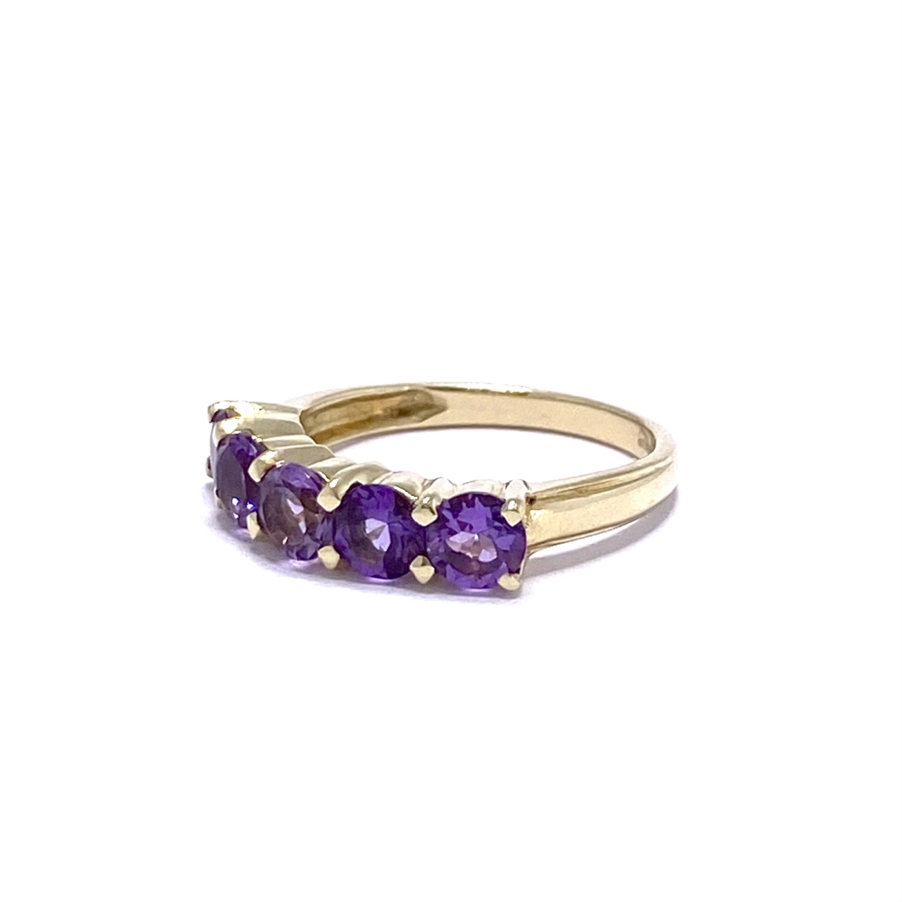 This 5-Stone Amethyst Half Ring is 9ct. The basket holds 5 beautiful brilliant cut purple Amethysts set by 4-square prongs.