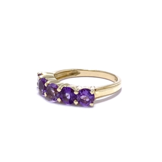 This 5-Stone Amethyst Half Ring is 9ct. The basket holds 5 beautiful brilliant cut purple Amethysts set by 4-square prongs.