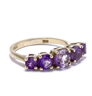 5-Stone Amethyst Half Eternity Ring in 9ct shank, the basket holds five beautiful brilliant cut purple Amethysts set by 4-rounded claws.